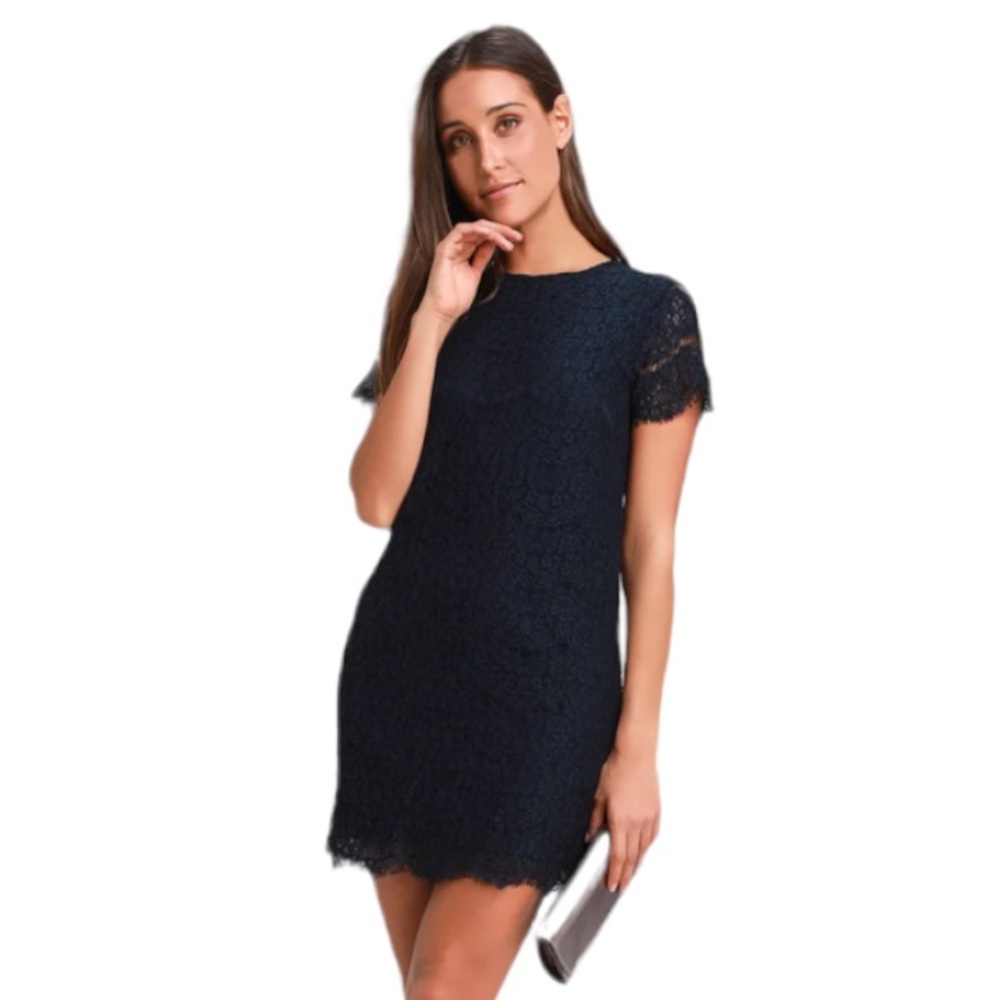 NWOT Lulus Take Me to Brunch Navy Blue Lace Shift Dress Size S